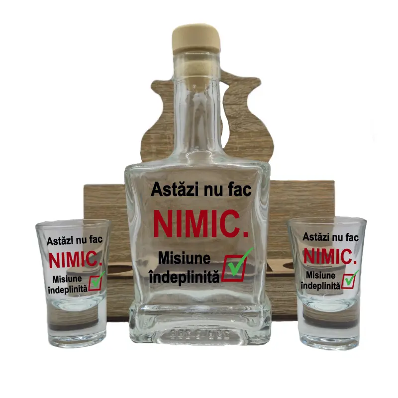 Astazi nu fac nimic..., suport din lemn cu sticla si 2 pahare, model hgs067